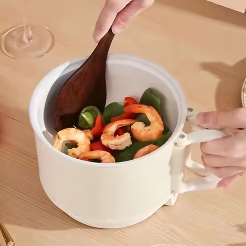 Electric Cooking Pot Quick Heating Mini Electric Cooker with Foldable Handle for Home Kitchen Beige