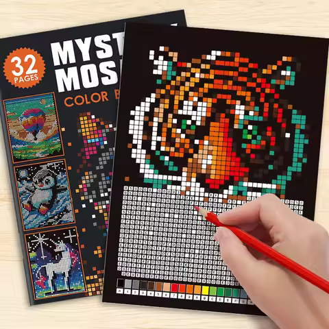 32 pages Hidden Picture Mystery Mosaics Color By Number Workbook, Pixel Style Number Coding Coloring