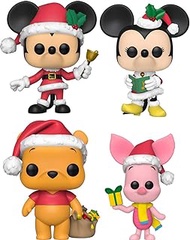 Funko Pop! Disney: Christmas Holiday - Mickey Mouse with Bell, Minnie Mouse Caroling, Winnie The Pooh as Santa and Piglet with Present - Set of 4 Vinyl Figures
