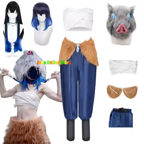 Anime Hashibira Inosuke Cosplay Costume Inosuke Uniform Wig Pig Mask Halloween Outfit For Women