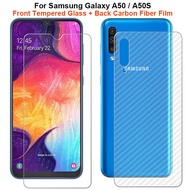 For Samsung Galaxy A50 / A50S 6.4" 1 Set = Back Carbon Fiber Film Sticker + Clear Front Clear Tempered Glass Screen Protector Guard