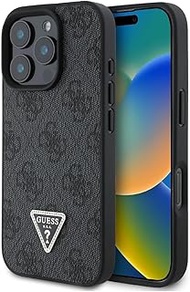 GUESS PU Leather 4G Triangle Metal Rhinestones Phone Case for iPhone 16 Pro Max (Black)