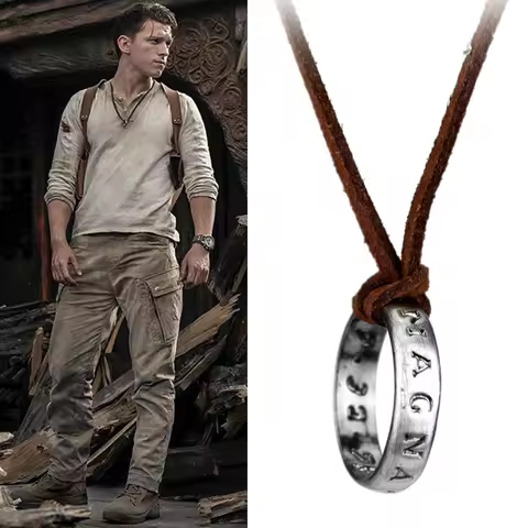 Game Uncharted 4 Necklace Game Character Nathan Drake Cosplay Pendant Ring Leather Chain Vintage Eng