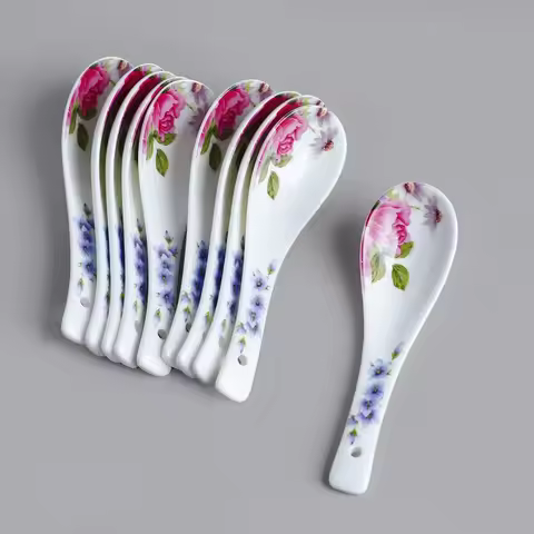 10pcs, bone china spoon set, rose blossom design, kitchen tableware, porcelain soup spoon, ceramic s