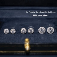 S999 sterling silver round zircon earrings, ins light luxury style women's versatile sterling silver