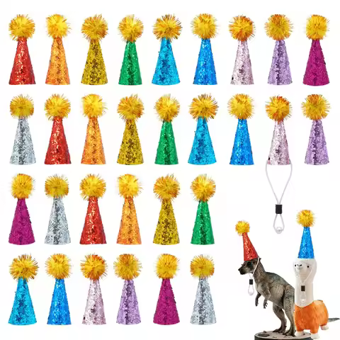 A93E-Mini Party Hats For Animal Figures Toys- Tiny Glitter Cones With Pom Poms(30 Pcs) Birthday Deco