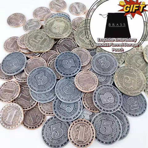 Board Game Accessories – BRASS Metal Coins, Large Size Heavy Version, 77 pcs Deluxe Metal Currency, 