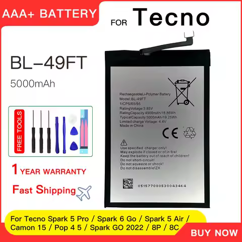 Genuine BL-49FT Battery For Tecno Spark 5 Pro / Spark 6 Go / Spark 5 Air / Camon 15 / Pop 4 5 / Spar