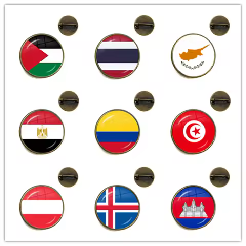National Flag Glass Cabochon Brooches Palestine,Thailand,Cyprus,Egypt,Colombia,Tunisia,Austria,Icela