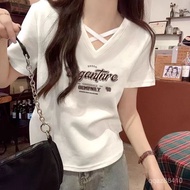 Textured High-End Design Sense V-Neck Cross Front Shoulder Loose Large Size Top Pure Cotton Short Sl