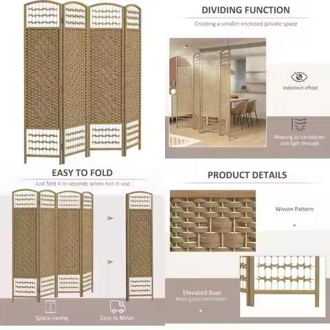 Folding Privacy Screen Room Divider, 4 Panel Wave Fiber Partition Wall, 5.6 Feet Tall, Natural Frees