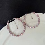 YuanPearl天然極光紫粉珍珠手鍊通勤百搭keshi米珍珠閃鑽銀手鍊