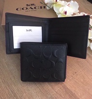 COACH กระเป๋าสตางค์ COMPACT ID WALLET IN SIGNATURE CROSSGRAIN LEATHER F75371 (BLACK) กระเป๋า coach แท้