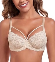 Women's Minimiser Bra Full Cup Unpadded Floral Lace Bra Plus Size Underwear Bra Large Sizes, beige,