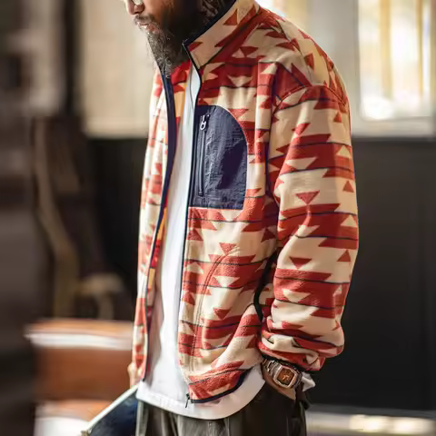 Maden Men's Vintage Navajo Polar Fleece Jacket Stand Collar Zip-Up Patchwork Sweatshirt Warm Cardiga