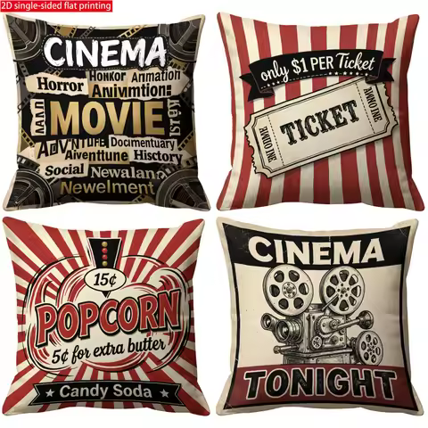 Cinema Cushion Covers 4pcs Vintage Movie Night Cinema Pillow Covers Set Popcorn Theater Deco Cushion