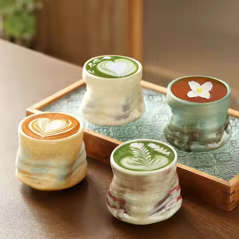 Rough pottery vintage espresso cup Creative hand-crafted pottery creased irregular ceramic cup coffe