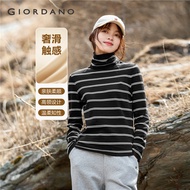 GIORDANO Women T-Shirts 100% Cotton Stripe Skin-Friendly Tee Turtleneck Long Sleeve Simple Basic Fas