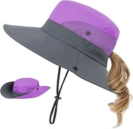 Kids Sun Hat with Ponytail Hole UV Protection Wide Brim Summer Beach Bucket Cap Fishing Hat for Girls Mixed Purple