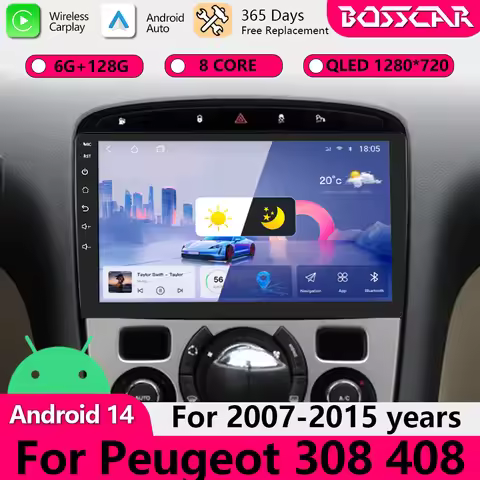 BOSSCAR Wireless CarPlay Andorid 13 Auto Car Radio For Peugeot 308 408 2007-2015 AI Voice Multimedia
