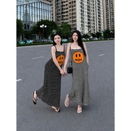 CAMASTORE M46A LONG SLEEVE 2-strap plaid dress with smiley face print Dynamic summer style