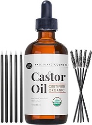 Kate Blanc Cosmetics Organic Castor Oil (4oz). 100% Pure, Cold Pressed, Hexane Free in a Glass Bottle. Stimulate Growth for Eyelashes, Eyebrows, Hair. Skin Moisturizer &amp; Oil Cleanse with Starter Kit
