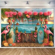 1pc 2025 New Year Flamingo Summer Polyester Backdrop Banner With Palmleaf, Aloha Flamingo Design For