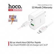 Bộ sạc Hoco C80 Plus 20W sạc nhanh ( kèm cáp Type-C to IP) củ sạc chân dẹt PD+QC3.0 chuẩn UK