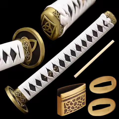 27cm White Leather Tsuka For Japanese Samurai Katana Sword Guard Fittings Set Tsuba+Menuki+Fuchi+Kas