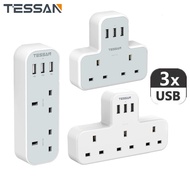 TESSAN 2 Way / 3 Way Extension Plug Power Socket With 3 USB Port Output 3A Fast Charging Adaport Wall Socket  Extension Plug  13A UK 3 Pin Extension Power Socket （Gray-White）