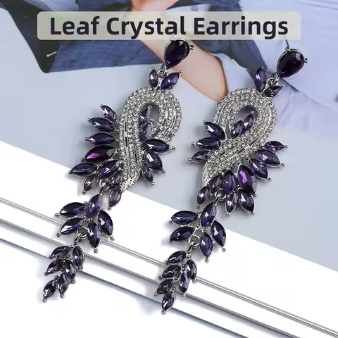 fashion leaf note colored crystal long hanging jewellery for girls earrings women retro light luxury