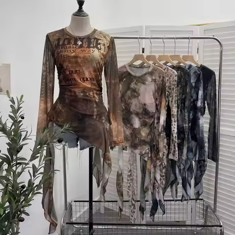 Women Chic Long Sleeve Bottoming Mesh Shirt Sfumato Printed Irregular Ruffled Ribbon Pleated Top Par