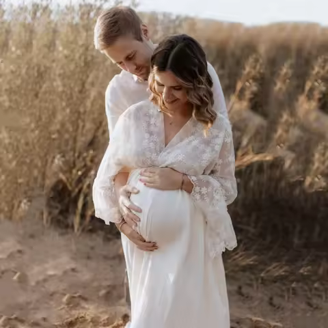 Boho Style Lace Cotton Baby Shower Long Dress Pregnant Woman Photography Props Dress