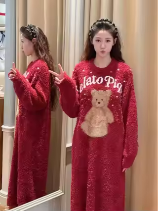 Gelato Pique Homme Winter Half Velvet Women's Pajamas Skirt Christmas Red Heattech Thickened Home Cl