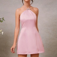 Váy xòe mini bằng vải satin màu hồng pastel thanh lịch có nơ đính đá, váy dự tiệc cưới cho phụ nữ, t