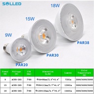 SOLLED 9W/15W/18W AC85-265V E27 LED PAR20 PAR30 Lampadin E27 Calda PAR38หลอดไฟหรี่