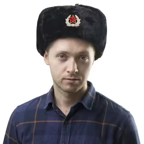 Men's Winter Soviet Badge Lei Feng Hats Russian Ushanka Hat Outdoor Warm Thicken Faux Rabbit Fur Win