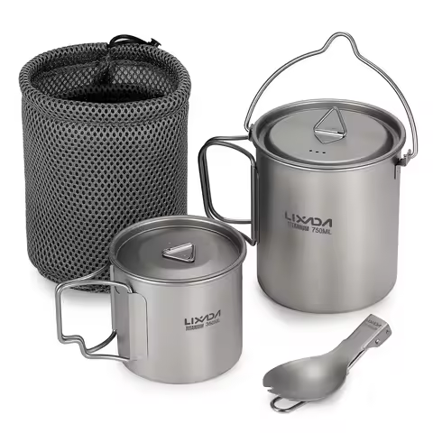 Lixada Titanium Cup Pot Tableware Set Outdoor Camp Titanium 750ml Pot 350ml Water Cup Mug w Lid Coll