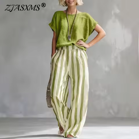 Elegant Bohemian Cotton Linen Two Piece Outfit Women Casual Top Striped & Wide Leg Pants Set Spring 