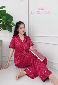 Bộ Pijamas mặc nhà tay ngắn quần dài vải gấm size XL quần có túi mặc tiện lợi