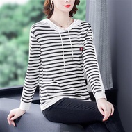 M-4XL Long-Sleeved Versatile T-Shirt~Original Contrast Color Hooded Stripes T-Shirt Pure Cotton Fash