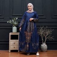 Gamis Batik Modern Biru Navy Terbaru Model Pesta Mewah Elegan Baju Batik Wanita Muslimah Jumbo B2