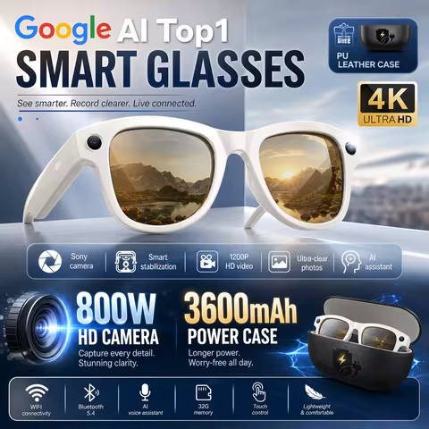 AI Camera Glasses 8MP Lens 30MP Photo 1200P Video Recorder Bluetooth 5.3 WiFi Translation Object Rec