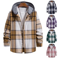 2023 New Men Korean Hoodie Plaid Cotton Long-sleeved Shirt Spring and Autumn Checkered Trendy Hooded