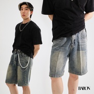 BARON [LOKO] STRAIGHT-LEG Jorts กางเกงยีนส์ขาสั้นประมาณเข่า ทรงกระบอกตรงหลวม เอวยืด สียีนส์ฟอก รุ่น 