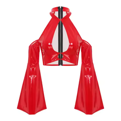 Womens Glossy Front Hollow Out Tops PU Leather Latex Crop Tops Halter Back Zip Wet Look Clubwear Rav