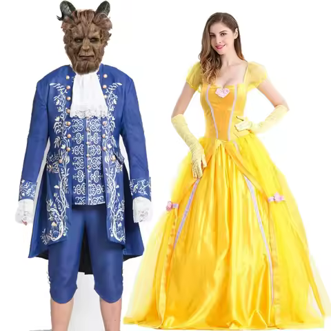 Halloween Yellow Princess Dress Prince Couple Costume Adult Belle Beast Costumes Stage Show Cosplay 