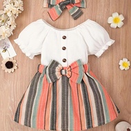 Pit stripe short sleeved patchwork striped skirt+headscarf large bow decoration cotton comfortable baby girl dress baju kurung of baby girl