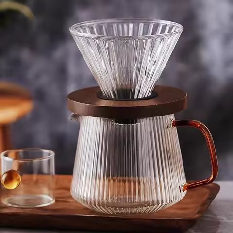 Hand Drip Brewing Set Glass Gooseneck Kettle With Wood Handle V Spout Stovetop Safe For Barista Home