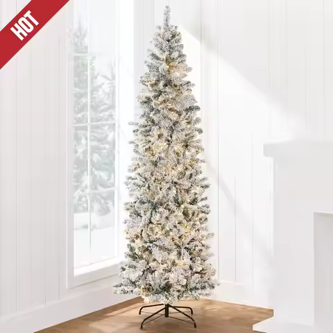 The latest style Flocked Pencil Christmas Tree, Pre-Lit Slim Artificial Holiday Decoration, 12ft Lig